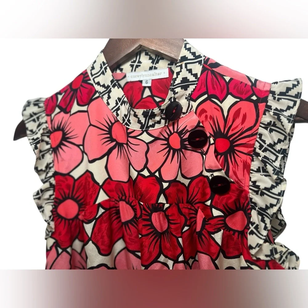 coreylynncalter Red Pink Floral Print Mini SILK Dress Ruffle Cap Sleeves Size 6 - Picture 4 of 9